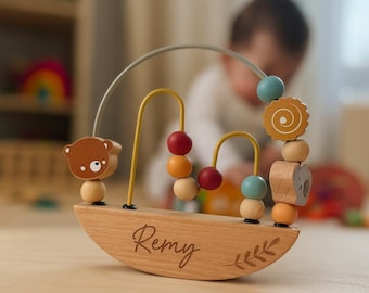 Personalised Wooden Baby Bead Maze Toy – Custom Name Montessori Rocker Toy