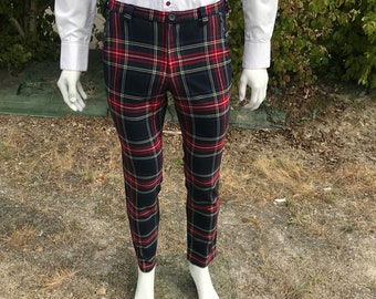 Men's pants London Collection straight cut pants blue and red tartan hand-sewn checkered pants French artisanal manufacturing