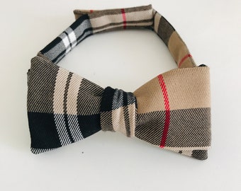 Authentic bow tie / beige tartan bow tie / knotted bow tie / adjustable bow tie