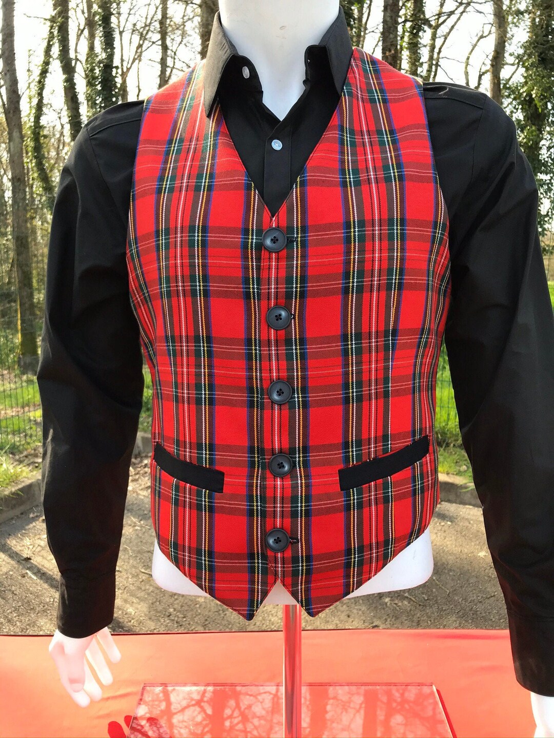 Men's Vest Red Tartan Men's Vest Retro Vintage Handsewn Vest French