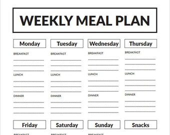 May include: A black and white printable weekly meal planner with spaces to write in meals for breakfast, lunch, dinner, and snacks for each day of the week.