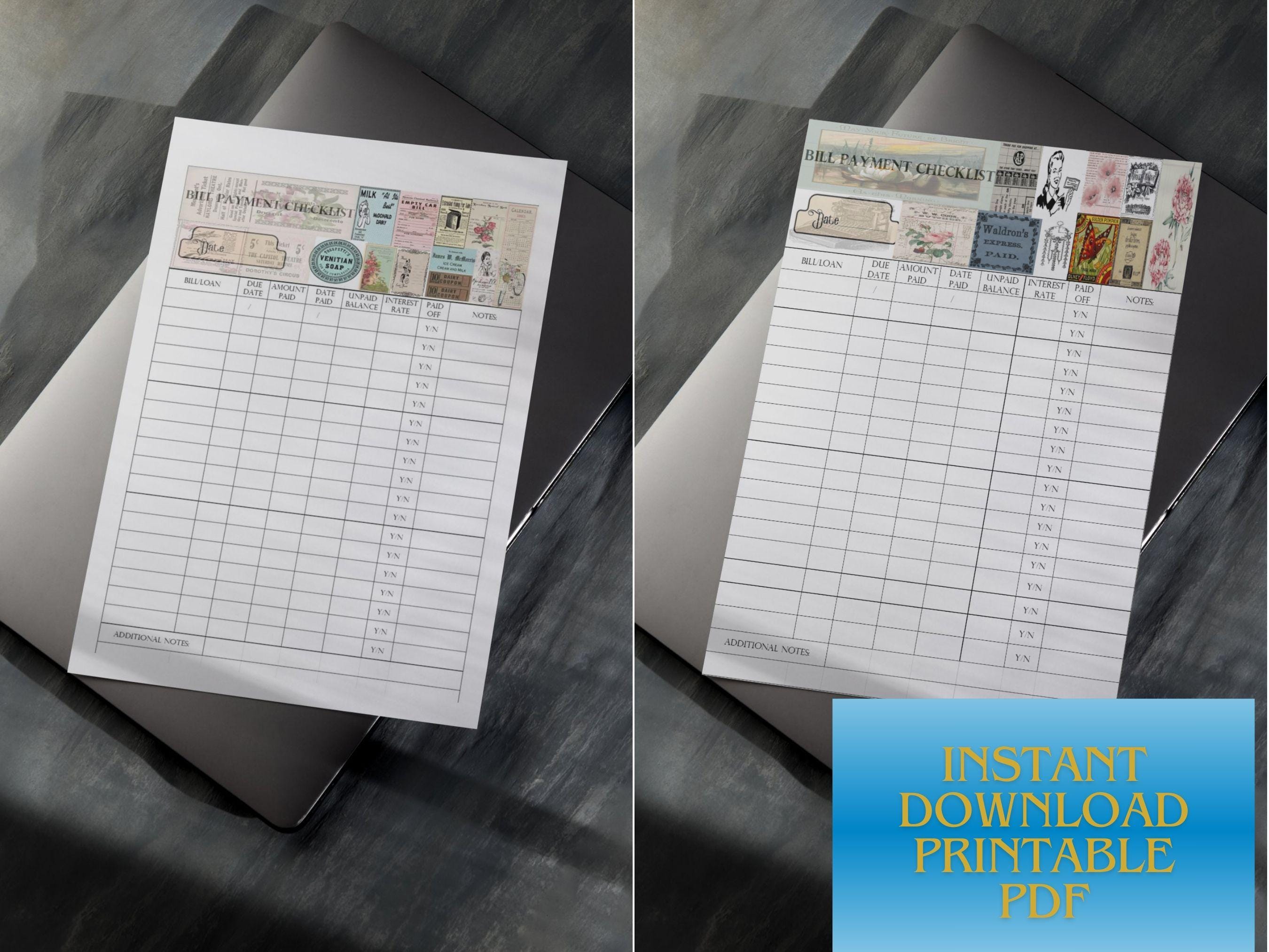Bill Tracker Printable | Junk Journal Ephmera Monthly Budget Planner | Finance Organizer (PDF ...