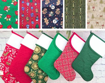 Christmas Stocking with BLANK Cross-Stitch Aida Cuff | You Pick Fabric | Vintage Set | Quilted and Fully Lined
