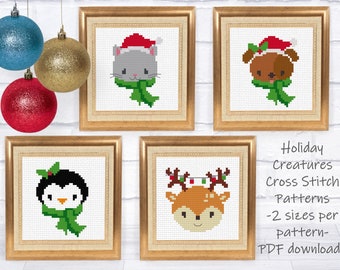 Christmas Cross Stitch Pattern Set - 2 sizes per motif | Perfect for Stocking Cuffs or Holiday Ornaments | Holiday Creatures Set 1