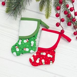 MINI Christmas Stocking with Blank Cross Stitch Cuff - Red or Green Snowmen || Ornament | Gift Tag | Card Holder | Pet Stocking