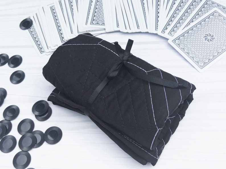 May include: A black quilted fabric pouch with a white geometric pattern and a black ribbon tied around it. The pouch is rolled up and sitting on a white surface.