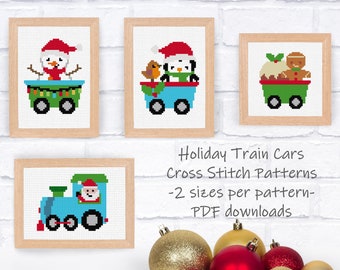 Christmas Cross Stitch Pattern Set - 2 sizes per motif | Perfect for Stocking Cuffs or Holiday Ornaments | Holiday Train Cars Set  1