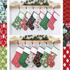 May include: Twelve Christmas stockings hanging on a wooden mantel. The stockings are made of fabric and feature various holiday patterns, including reindeer, ornaments, and snowflakes. The stockings are red, green, and white.