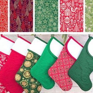 May include: A collection of Christmas stockings with various patterns, including floral, geometric, and holiday-themed designs. The stockings are red, green, and white, with a quilted texture and white cuffs. Above the stockings are fabric swatches with matching patterns.