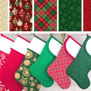 May include: A collection of Christmas stockings with various patterns, including red, green, and gold designs. The stockings are quilted and have white cuffs. Fabric swatches with coordinating patterns are displayed above the stockings.