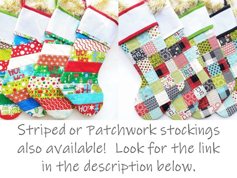 Set 3 of 3 Quilted Fully Lined You Pick Fabrics Striped or Patchwork Christmas Stocking with Blank Cross-Stitch Cuff