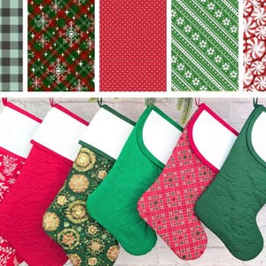 May include: A collection of Christmas stockings with various patterns, including red floral, quilted red, green with gold ornaments, green quilted, red plaid, and green quilted designs. Above are coordinating fabric swatches with plaid, snowflake, polka dot, and candy cane patterns.