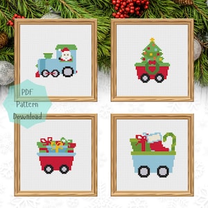 May include: Four cross-stitch patterns featuring Christmas themes. The patterns include a train with Santa Claus, a wagon with a Christmas tree, a wagon with presents, and a wagon with a stocking and candy cane.