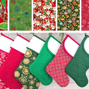 May include: A collection of Christmas stockings with various patterns, including floral, quilted red, and green with gold accents. The top row displays fabric swatches with festive designs like ornaments and Santa Claus.