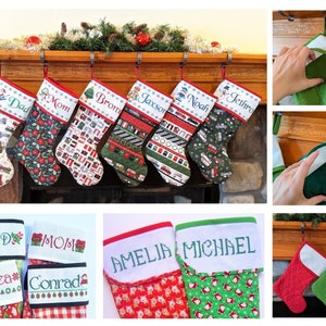 Puede incluir: Un conjunto de calcetines de Navidad personalizados con varios diseños y nombres bordados. Los calcetines están colgados en una repisa de chimenea. Algunos calcetines tienen un patrón de cuadros rojos y blancos, mientras que otros tienen un patrón de rayas verdes y blancas. Los nombres en los calcetines incluyen "Dad", "Mom", "Brom", "Jackson", "Noah", "Jethro", "Amelia", "Michael", "Avonlea" y "Conrad".