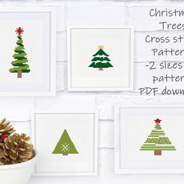 Christmas Cross Stitch Pattern Set - 2 sizes per motif | Perfect for Stocking Cuffs or Holiday Ornaments | Modern Christmas Trees Set 2
