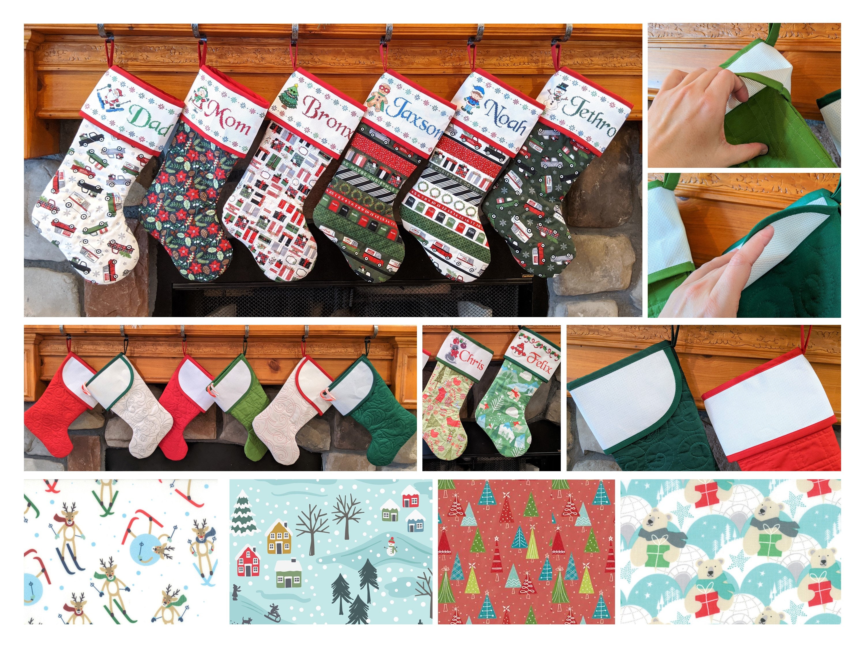 Set 3 of 3 Quilted Fully Lined You Pick Fabrics Striped or Patchwork Christmas Stocking with Blank Cross-Stitch Cuff