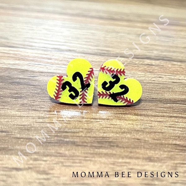 Personalized Softball Studs Earrings, Heart Stud Earrings, Softball Mom Earrings, Personalized Studs, Jersey Number, Team Gift, Coaches Gift