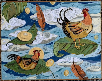 Fiber Art Yarn Painting Chickens Original Framed