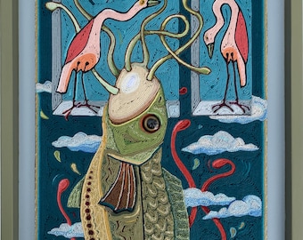 Original Yarn Painting Fiber Art "Sated"