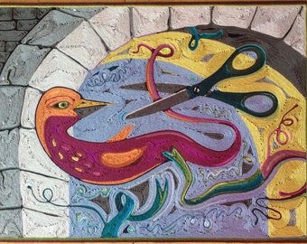 Yarn Painting Original Framed Bird