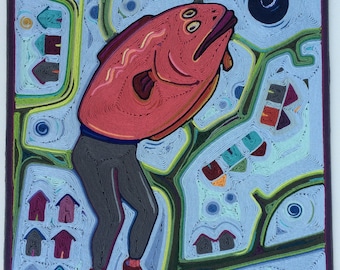Original Yarn Painting Fish Surreal: Lost and Long Ago