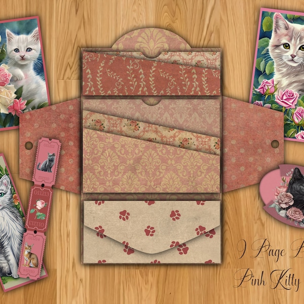 9 Page Pretty Pink Kitty Gatefold Folio, Junk Journal Folio, Cat Junk Journal, Printable Junk Journal Kit, Folio Kit, Junk Journal