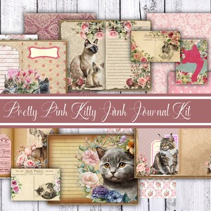 Hübsches Pink Kitty Junk Journal Kit, druckbares Journal Kit, DIY Journal Kit, DIY Junk Journal, Kätzchen, Katzen, Ephemera, Umschläge