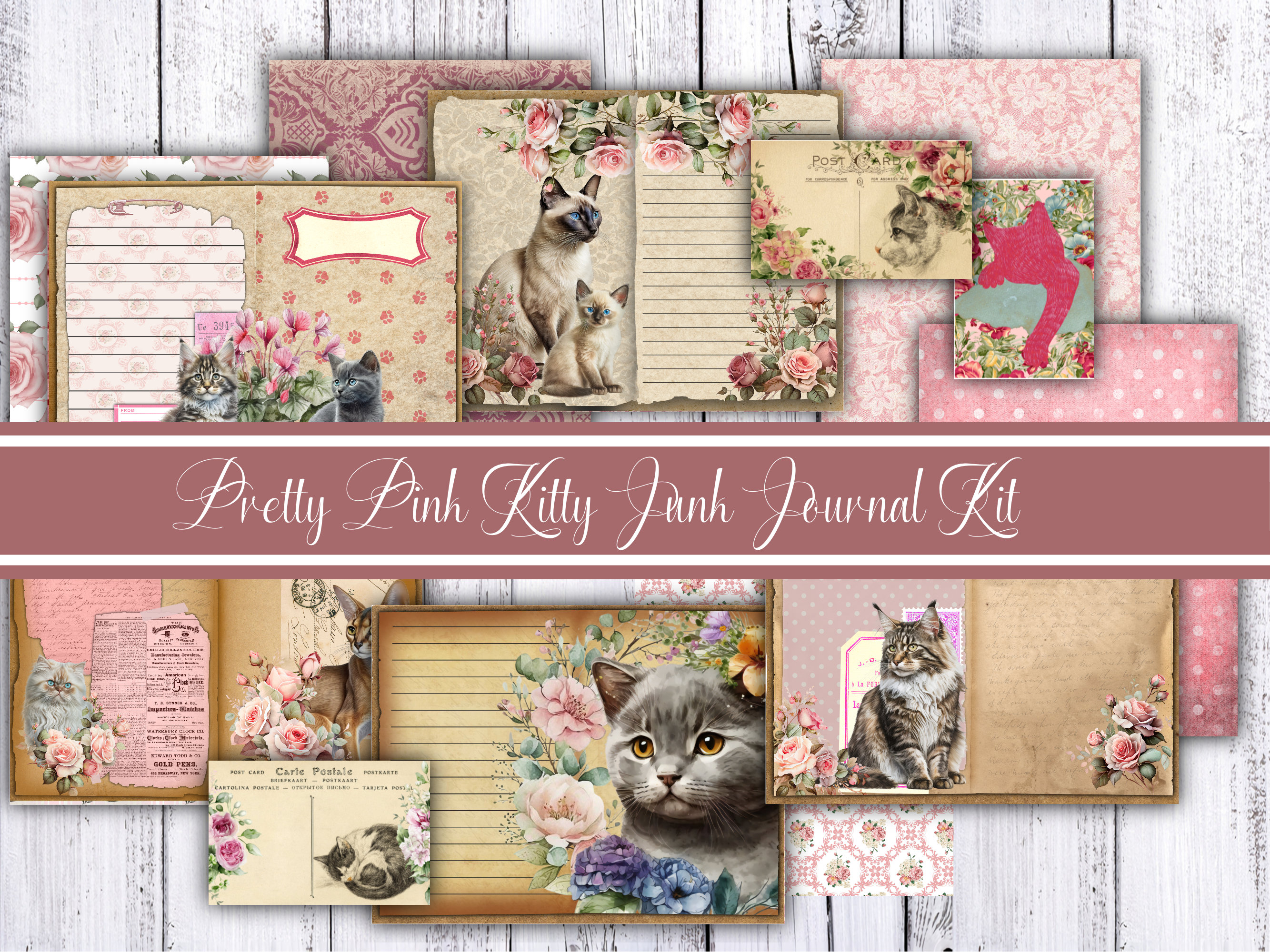 Watercolor Kitten Junk Journal Printable Page, Cat With Flowers