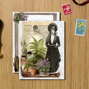 Plant Woman Printable Grußkarte, Blanko A2, Notecard, Notecard mit passendem Umschlag, Made w / Vintage Ephemera, Plant Mom Notecard