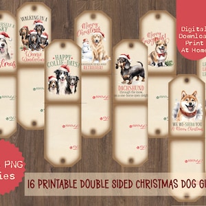 16 Printable Christmas Dog Themed Gift Tags, Double Sided Gift Tags, Printable Tags, Dog Puns, Dog Breeds, Christmas Dog Tags, Christmas Dog