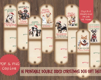 16 Printable Christmas Dog Themed Gift Tags, Double Sided Gift Tags, Printable Tags, Dog Puns, Dog Breeds, Christmas Dog Tags, Christmas Dog