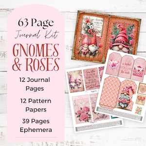 Gnomes & Roses 63 Page Junk Journal Kit, Romance, Romantic, Gnomes Junk Journal, Valentines Day, Printable, Valentines Gnome, Whimsical Kit