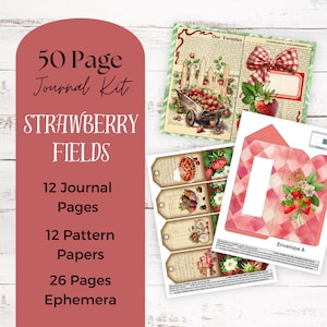 50 Seiten Erdbeerfelder Junk Journal Kit, Printable Journal Kit, DIY Journal Kit, DIY Junk Journal, Sommer Journal, Ephemera, Umschläge