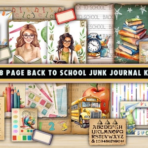 48 Page Back To School Junk Journal Kit, Printable Journal Kit, DIY Journal Kit,  DIY Junk Journals, Elementary School, Teachers, Students