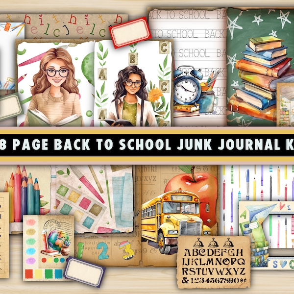 48 Page Back To School Junk Journal Kit, Printable Journal Kit, DIY Journal Kit,  DIY Junk Journals, Elementary School, Teachers, Students