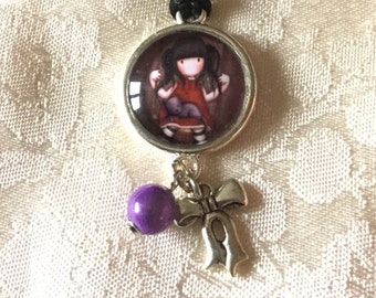 Set cabochon "girl with cat and purple bead.