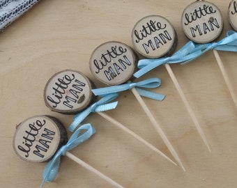 Little Man Baby Shower Cupcake Toppers  1" / New Baby Boy Rustic Cake Party Picks Light Blue Red Ribbon Navy Woodland Forest Celebration