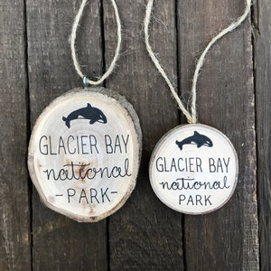 Glacier Bay National Park Christmas Ornament - USA Handmade - Alaska National Parks - Rustic Wood Decor Tree Slice Ornament - Orca Drawing
