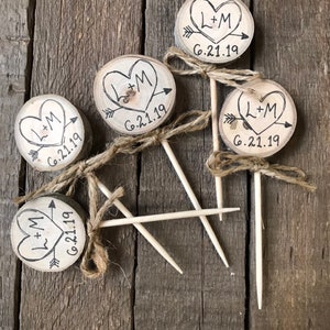 Twine Bows Cupcake Toppers Rustic Wedding Decor Custom Initials & Date / Heart Arrow / Engagement Rustic Bridal Shower Decor Party Picks