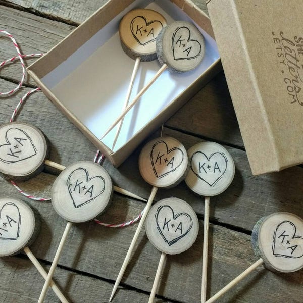 Rustic Wedding Cupcake Toppers Custom Initials Heart Wood / Bridal Shower Party Picks / Cupcake Toppers Wedding / Bride Groom Tree Heart