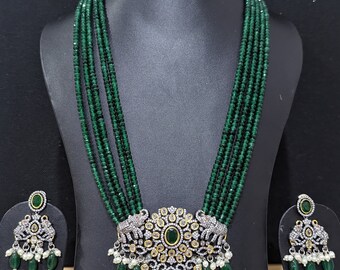 Ruby Green bead Set / Victorian CZ Necklace Set / 5 strand bead Set / Indian Jewelry Set / Bridal Wear / Designer CZ Pendant set /Grand Haar