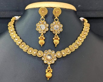 Flower Choker Set / Simple Chokers / Polki Choker Set / Indian Jewelry set / Gold plated choker necklace earrings / Stud Earrings / Chokers