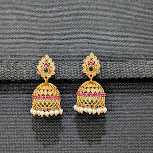 Teardrop CZ Earrings / Antique shiny gold plated Jhumka Earrings / Indian Traditional Earrings / South Indian Jhumki / Medium size Jhumkha