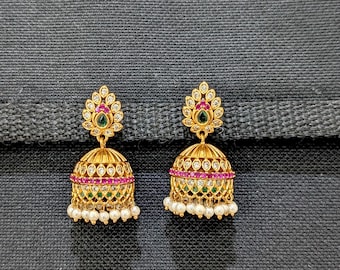 Teardrop CZ Earrings / Antique shiny gold plated Jhumka Earrings / Indian Traditional Earrings / South Indian Jhumki / Medium size Jhumkha