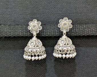 Indian Jhumka / Flower Jhumki / White Polki Jhumka / Silver rhodium plated Jumki Earrings / Lightweight Earrings / Shiny Earrings / Jumki