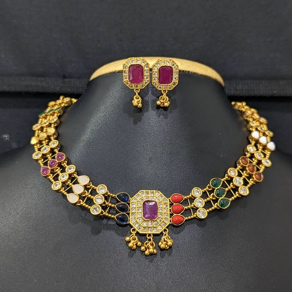 South Indian Jewelry / Triple line Kemp Choker Set / Antique gold plated Indian Choker Stud Earrings Set / Traditional Antique Jewelry Sets