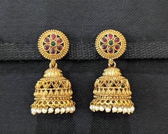 Kemp Earrings / Antique gold plated Jhumka Earrings / Jhumki / Indian Traditional Earrings / South Indian Jhumki / Jhumkha