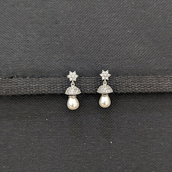 Small CZ Jhumka / White Gold - One gram gold plated Jhumka Earrings / Indian Earrings / White stone Jumki / CZ Casual Earrings / Kids Jumka