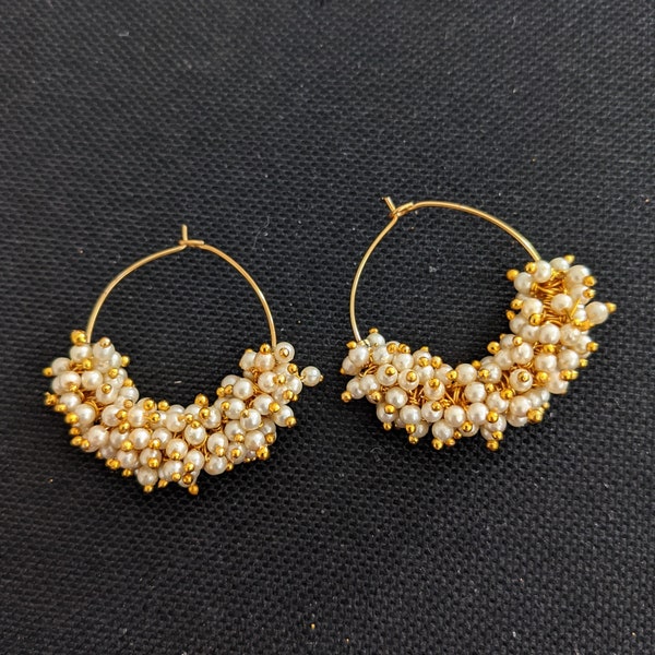 Hoop Earrings / Indian Jewelry / Pearl cluster bead Bali Ring Earring / Unique Lightweight Earrings / Medium size Hoop / Pearl Earrings